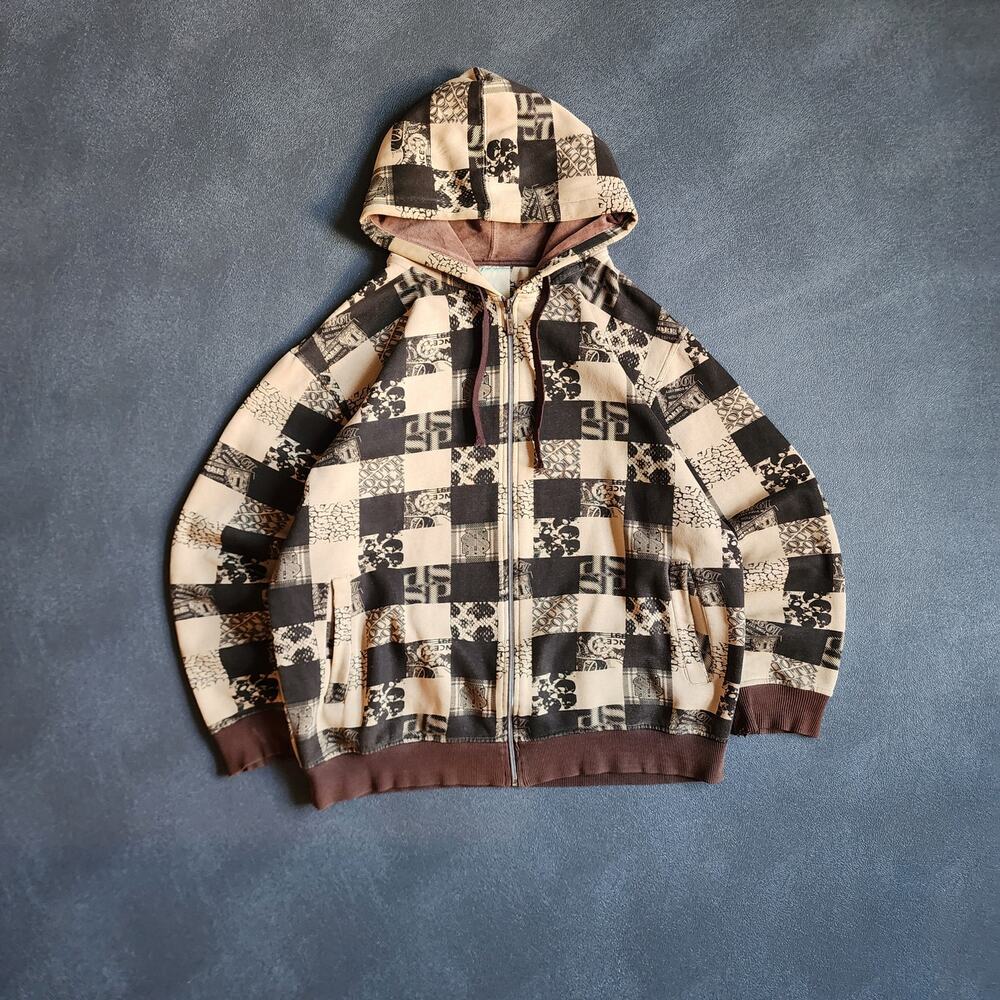 Vintage Southpole X-clusive Checkered Design Brown Full Zip Hoodie Large
